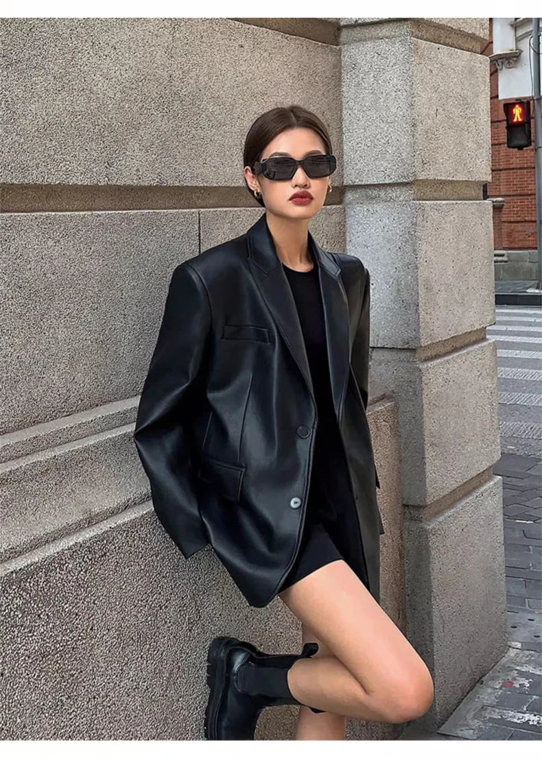 Lautaro Autumn Black Brown Soft  Pu Leather Blazer Women Shoulder Pads Long Sleeve Single Breasted Loose Casual Korean Fashion
