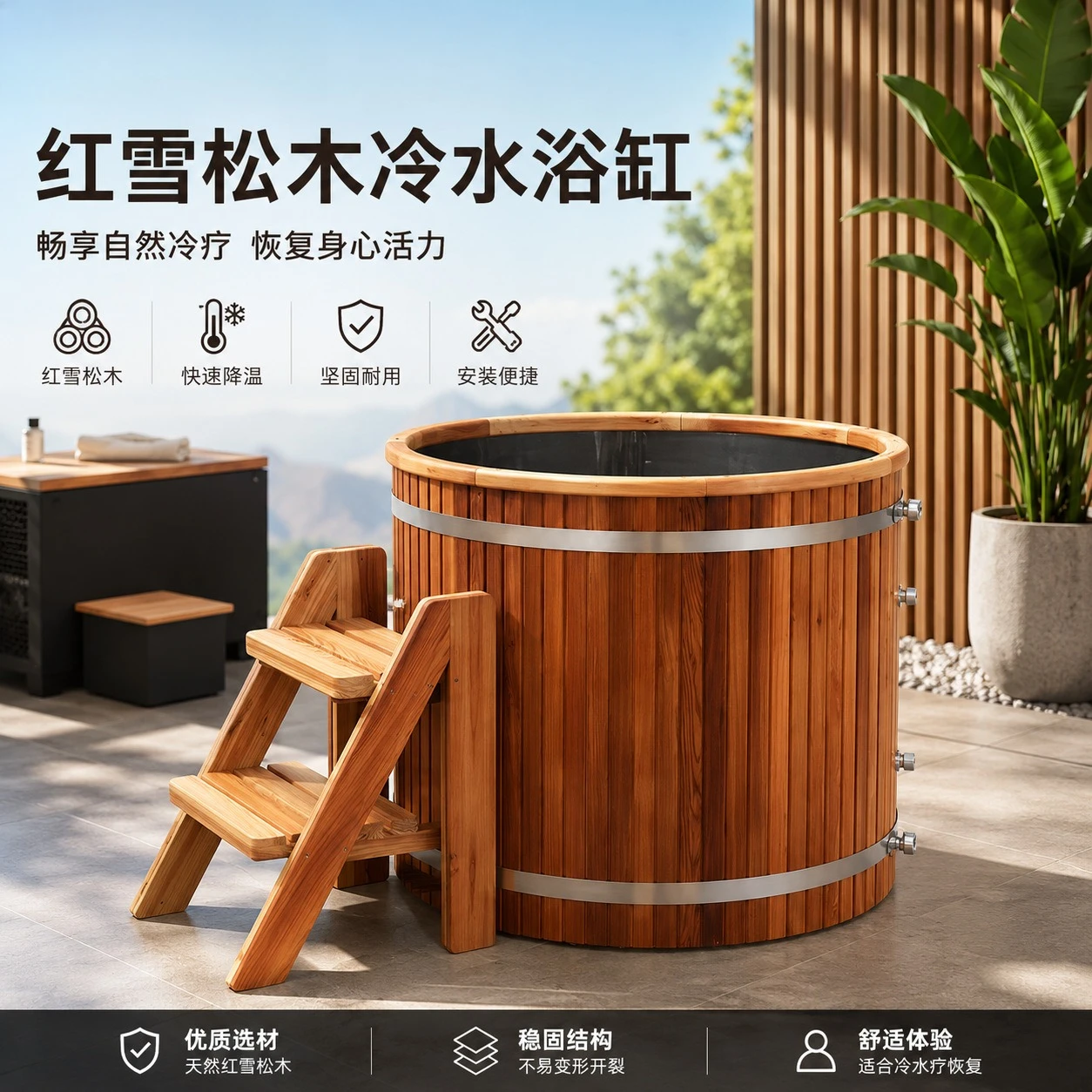 Single outdoor cold water bath, red cedar stainless steel liner, thermal insulation cover