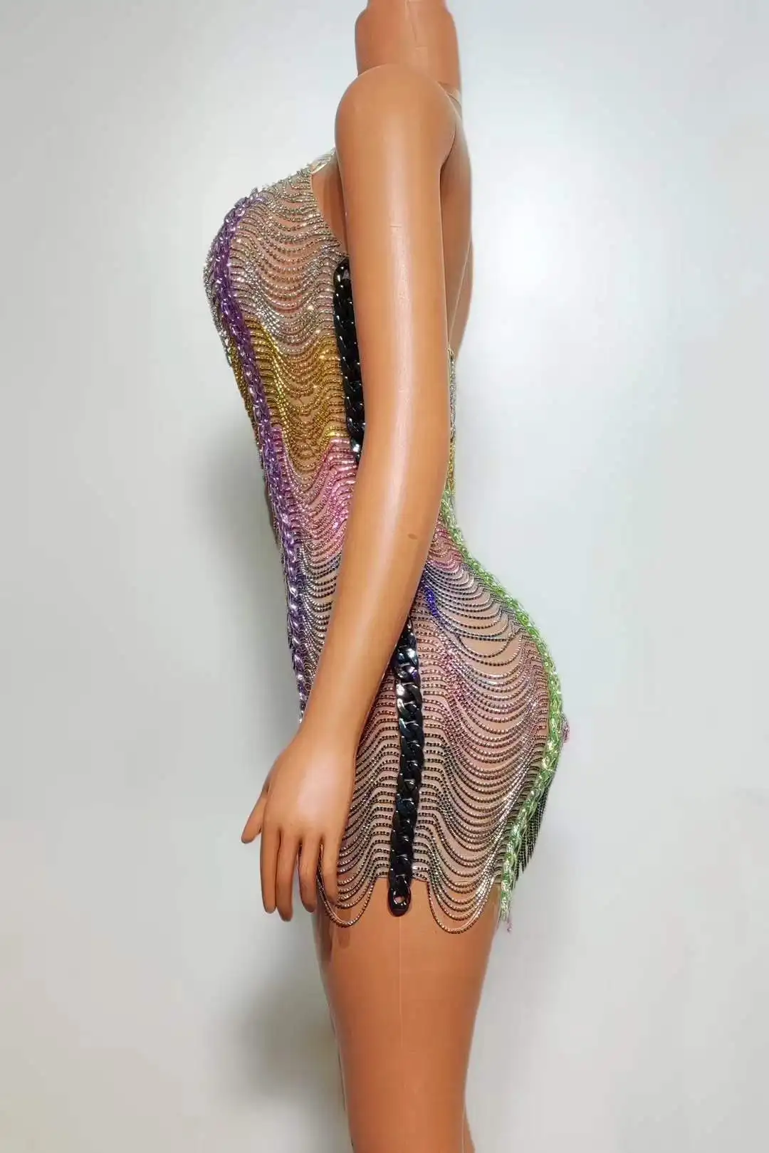 

Women Colorful Sleeveless Sexy Drill Chain Rhinestone Sparkly Short Dress