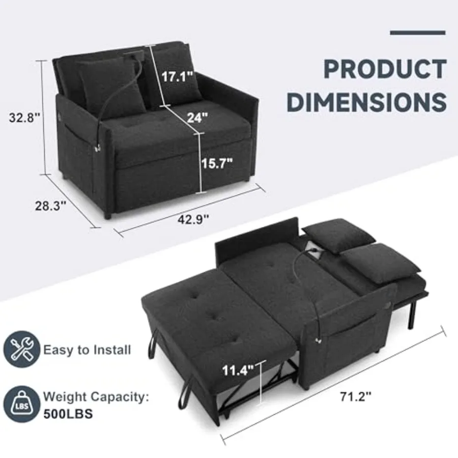 Loveseat Sleeper Sofa Convertible Sofa Bed, Pull Out Couch for small living rooms, microfiber fabric, gray, easy one-step pull-