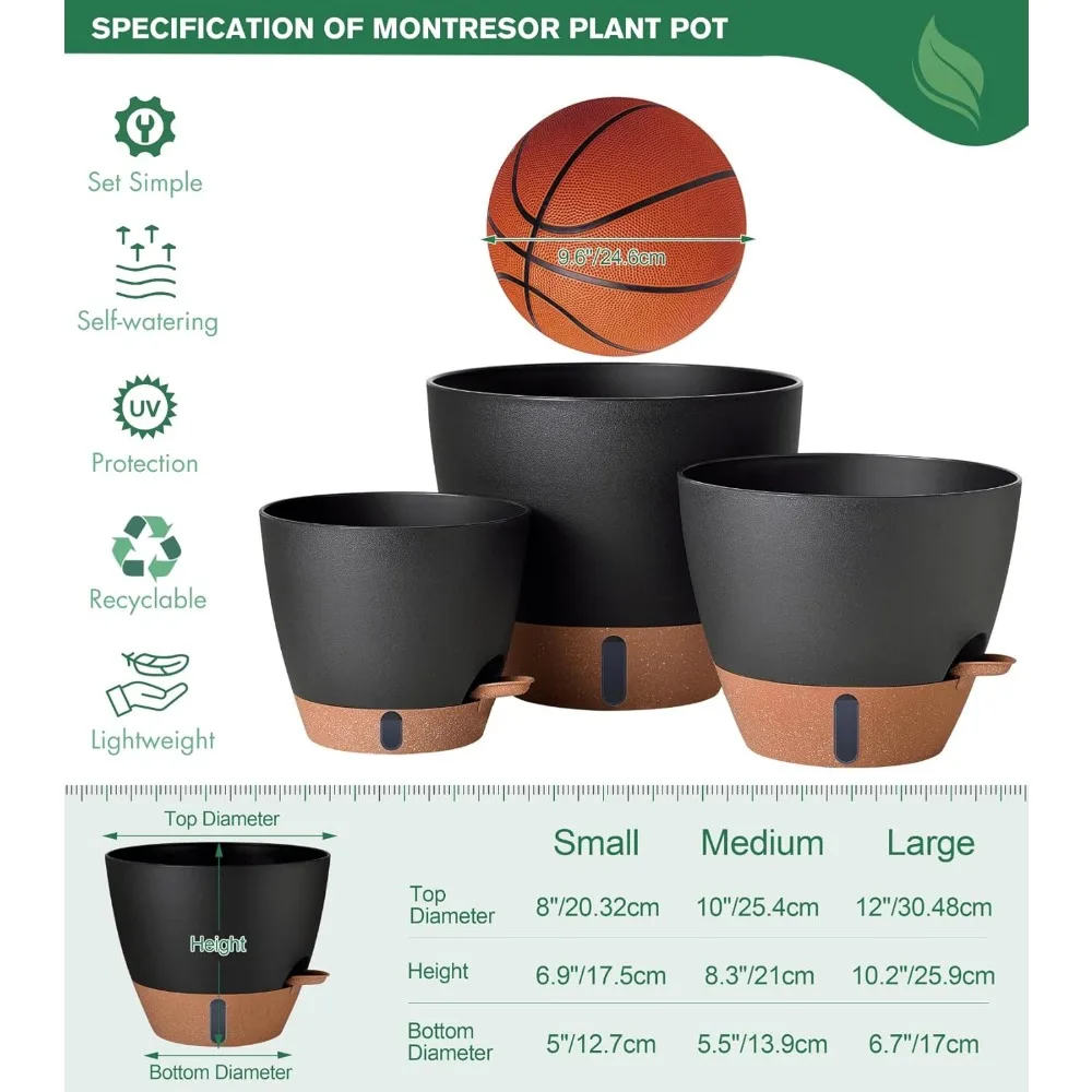 12/10/8 inch self watering pots for indoor plants plastic large plant pot for outdoor plants, water level window & spacious rese