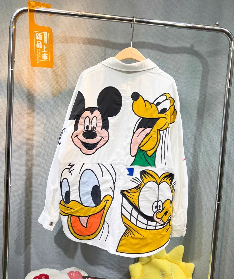 European Trendy Brand Heavy Industry Embroidered Cartoon Coat Women's 2025 Autumn New Loose Casual White Long-sleeved Top Jacket