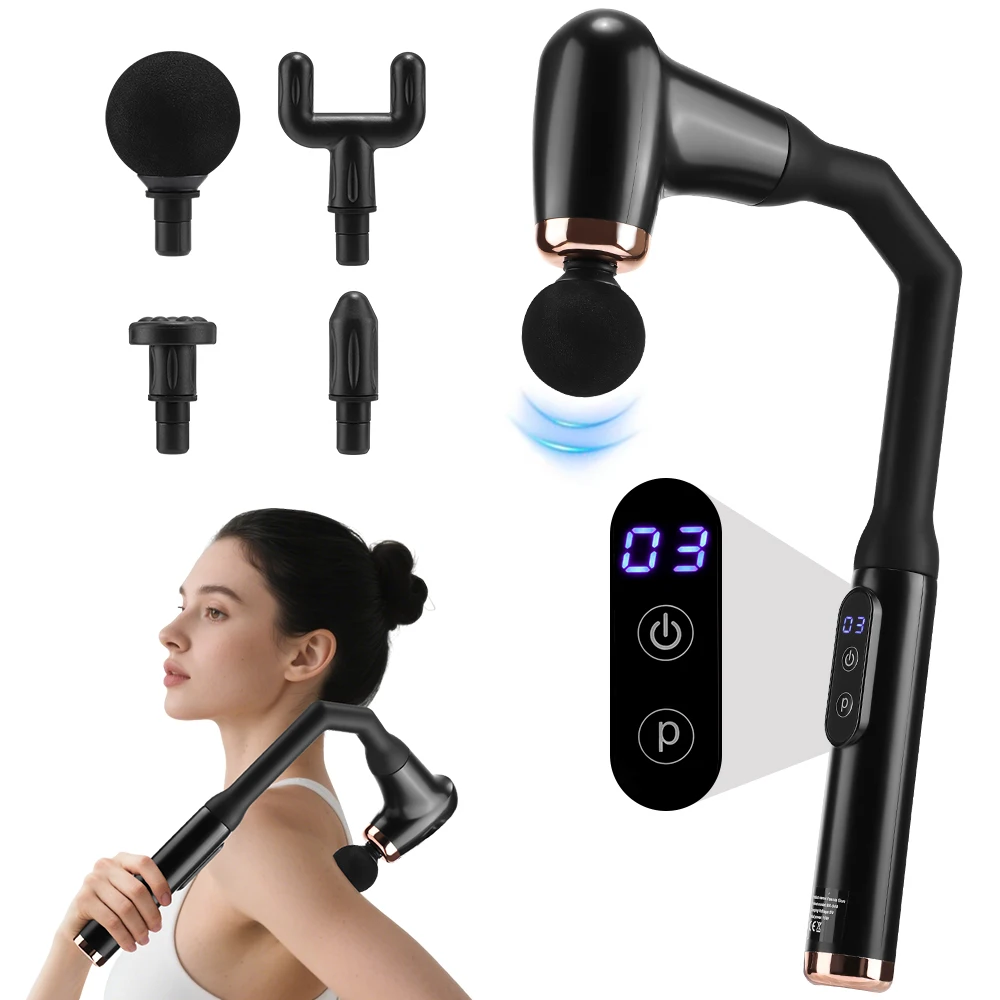 Pistolet de Massage avec Poignée Courbée Allongée, 3 Modes 6 Niveaux Massage Percussion Profonde, 4 Têtes Interchangeables pour Dos Cou Épaules Récupération
