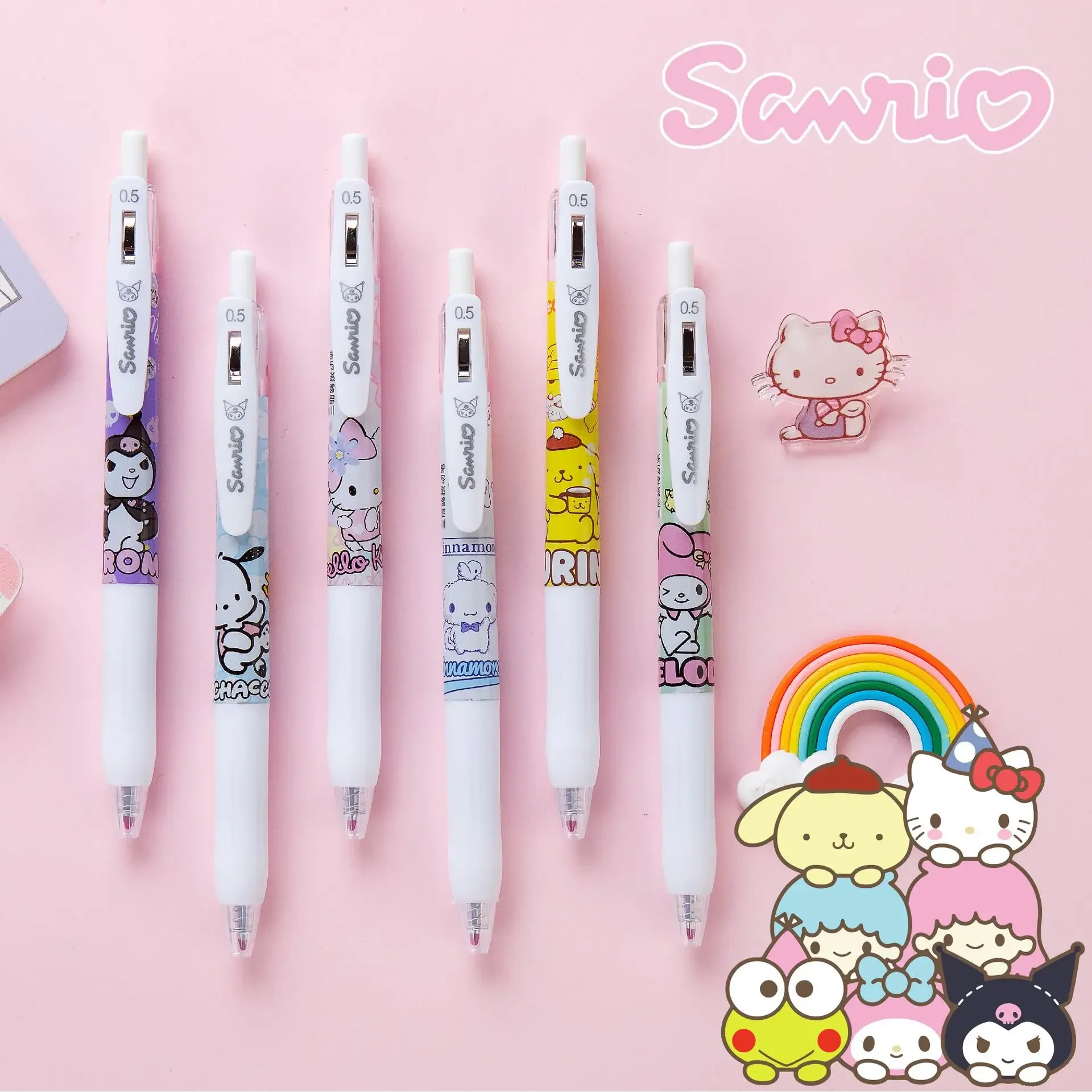 6Pcs/Set Kawaii Sanrio Cinnamoroll 0.5mm Gel Pens Set Cute Hello Kitty Black Pen Cartoon School Student Stationery Supplies Gift