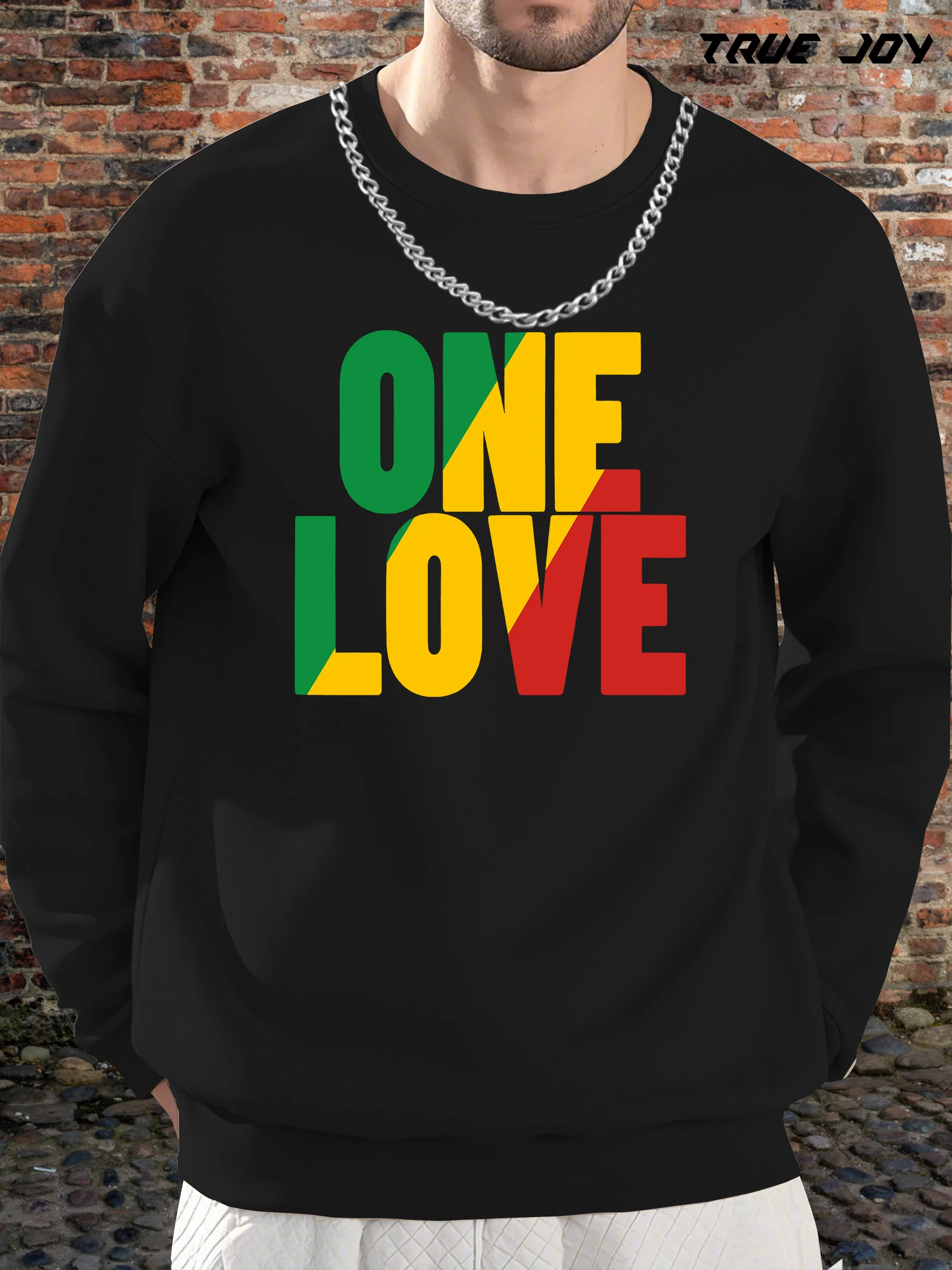 

Men'S Reggae-Inspired "One Love" Graphic Sweatshirt - Casual Long Sleeve Crewneck, Loose Fit, Vibrant Colors