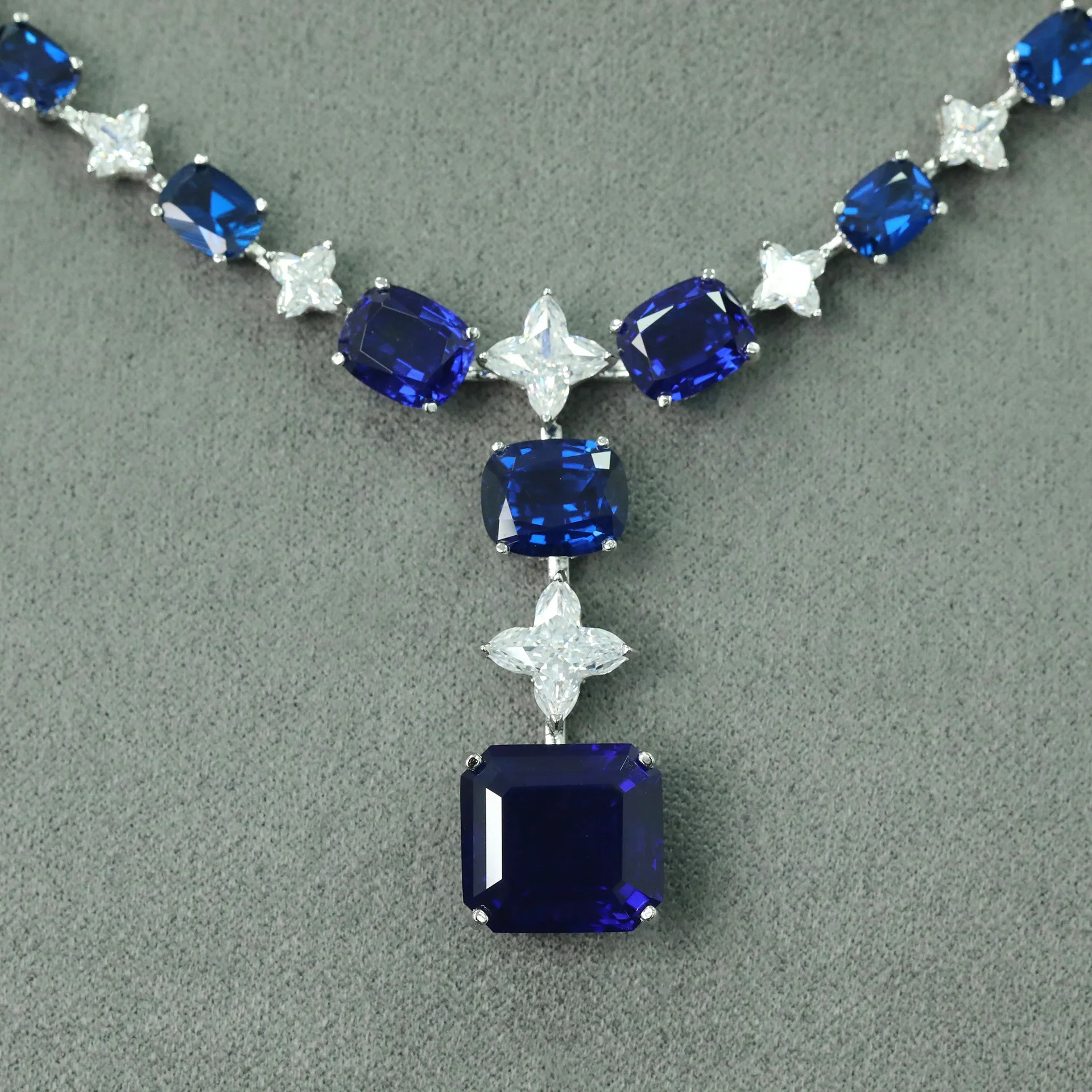 Cameo Pendant Sapphire All Real 925 Silver Gold Plated Necklace High Carbon Diamond Royal Blue Emerald Cut Necklace for Woman