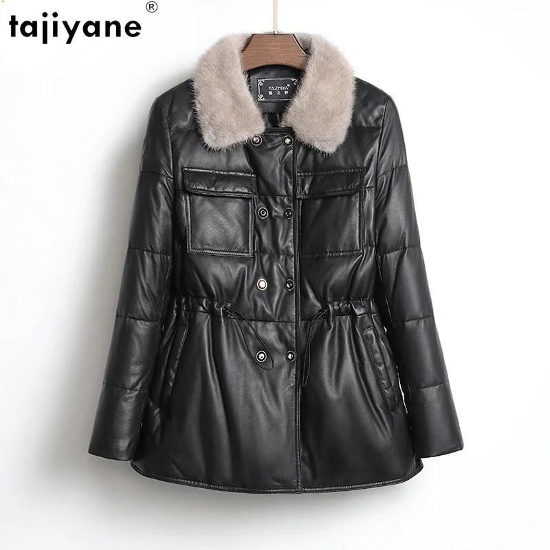 Takiyane – manteau en cuir véritable pour femme, veste élégante en peau de mouton, col en vison, noir, hiver, Zm598