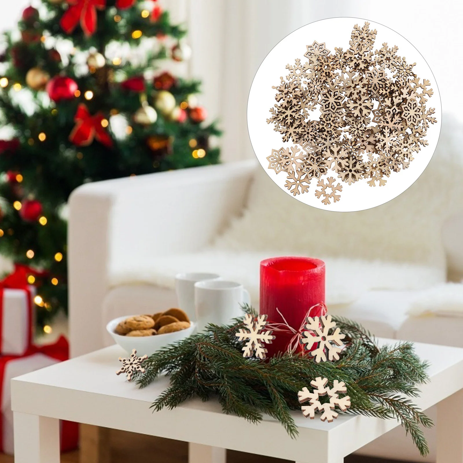

100Pcs Wooden Snowflakes Ornaments Smooth Surface Christmas Decor DIY Craft Accessories Beige Wooden Snowflakes Ornaments