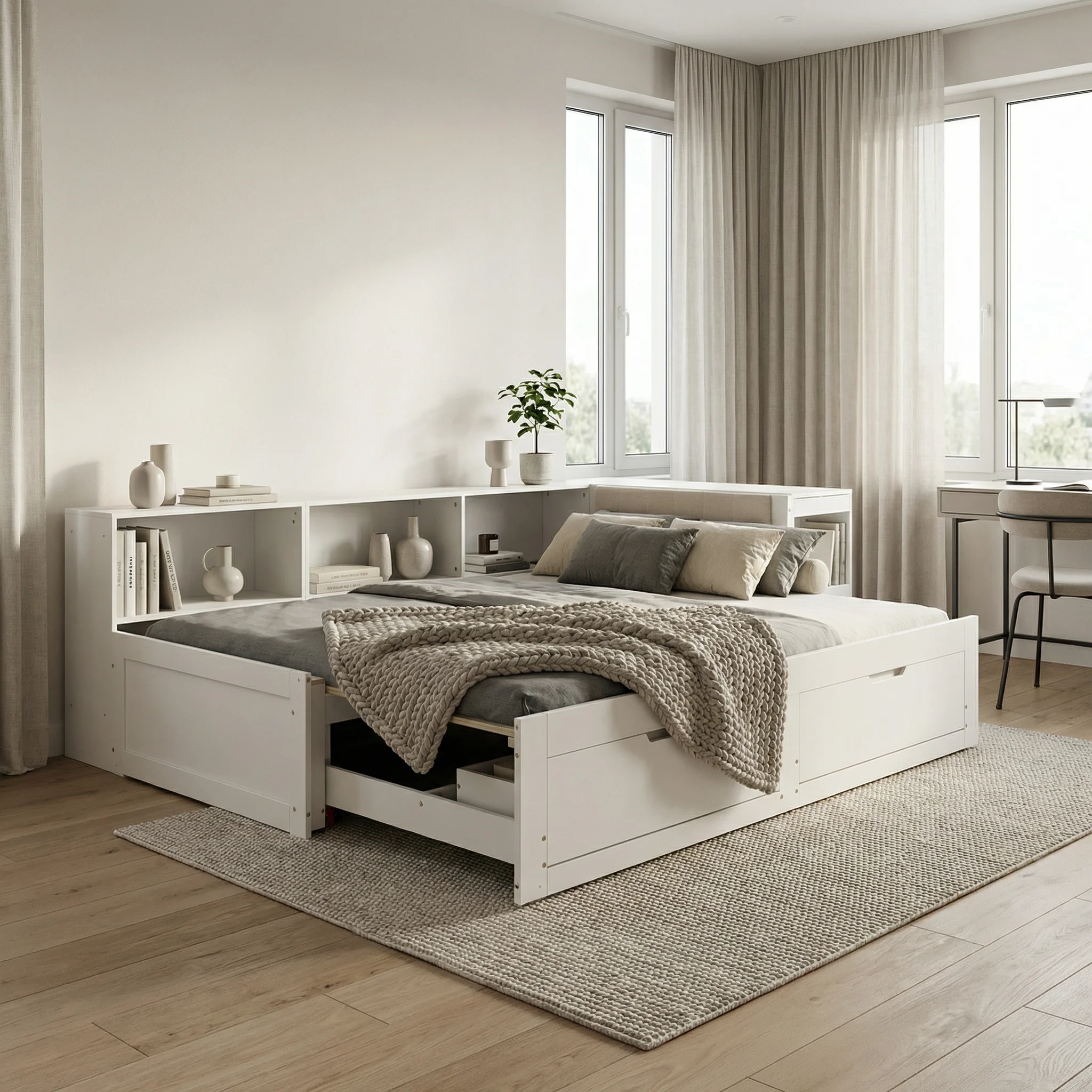 Cadre de lit tout-en-un extensible 90x200cm avec bureau, coin lecture, prise électrique EU et 2 tiroirs de rangement, design gain de place avec sommier à lattes, blanc mat