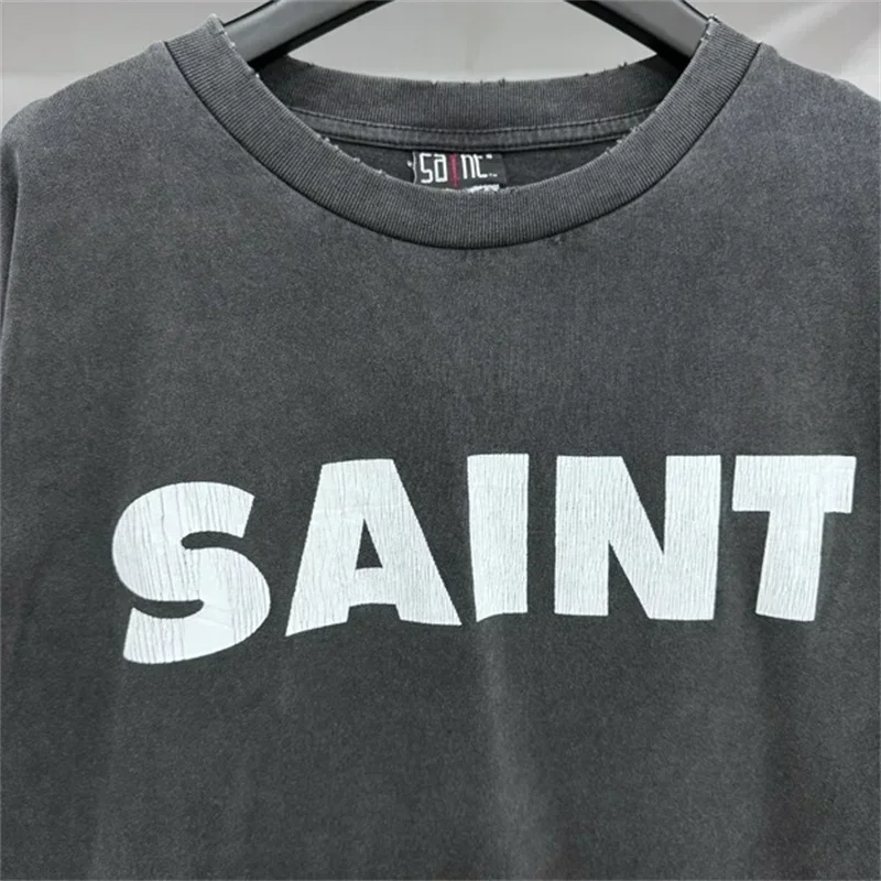 24ss Washed Black Saint Michael Logo Printing Hoodies Men Women 1:1 Oversized Pure Cotton Long Sleeved T-shirt