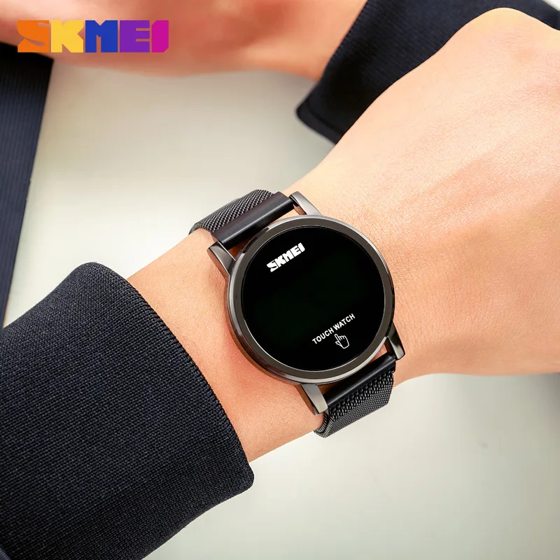 Skmei Touchscreen gewöhnliche Mode elektronische Uhr Herren lässig LED wasserdichte Herren Stahl Mesh Gürtel Magnet Snap Uhr