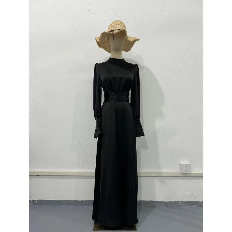 Vestido longo de cetim feminino primavera outono moda simples em torno do pescoço manga alargamento rendas até ajuste fino sexy festa vestido de noite