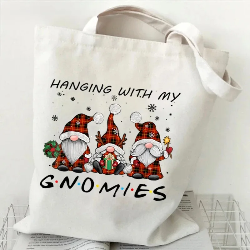 

Festive Christmas Gnomes Print Tote Bag Eco Friendly Canvas Shoulder Bag Large Capacity for Holiday Shopping Travel Commute Gift