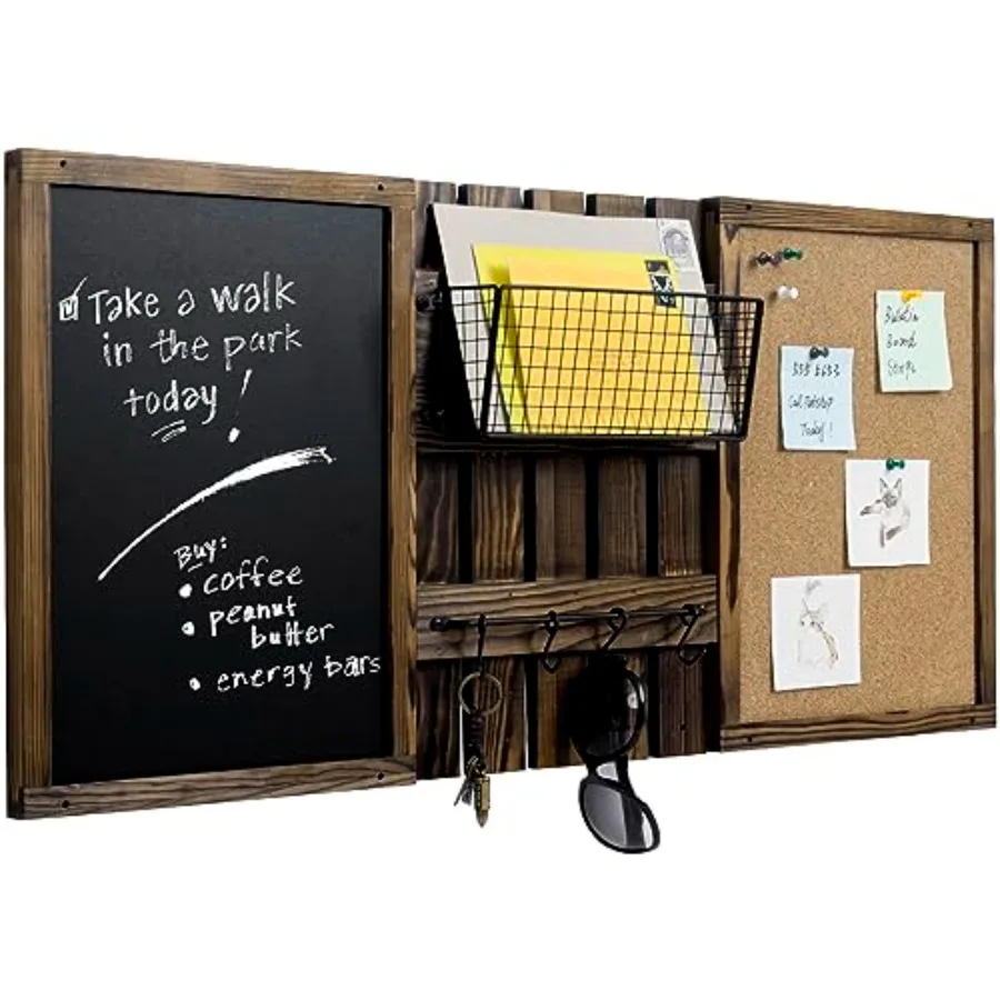 

3 Panel Wall Mounted Entryway Bulletin Board Combo Set with Rustic Burnt Solid Wood Frame with a Chalkboard Cork Board Black Me