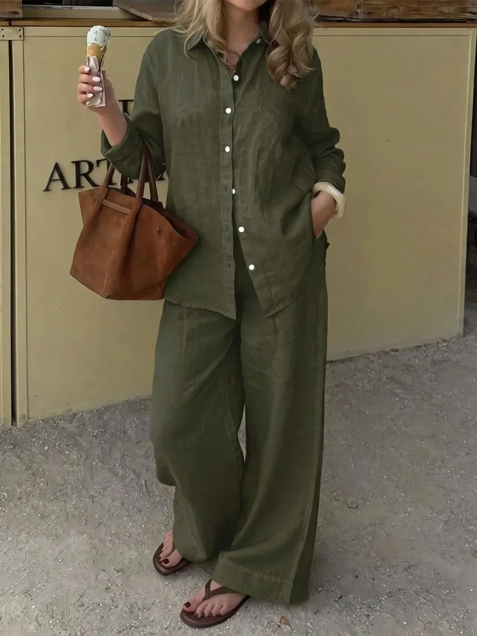 Damen Einfaches Elegantes Hemd mit Revers Zweiteiler Herbst Langarmhemd Damen Lässiges Einfarbiges Loses Outfit mit Weiten Hosen – Detail 7