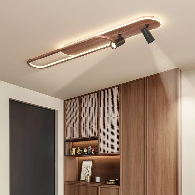 

2026 Corridor Simple Walnut Wood Grain Long Strip Ceiling Lamp With Spotlight Retro Led Living Room Foyer Dressing Room Ceiling