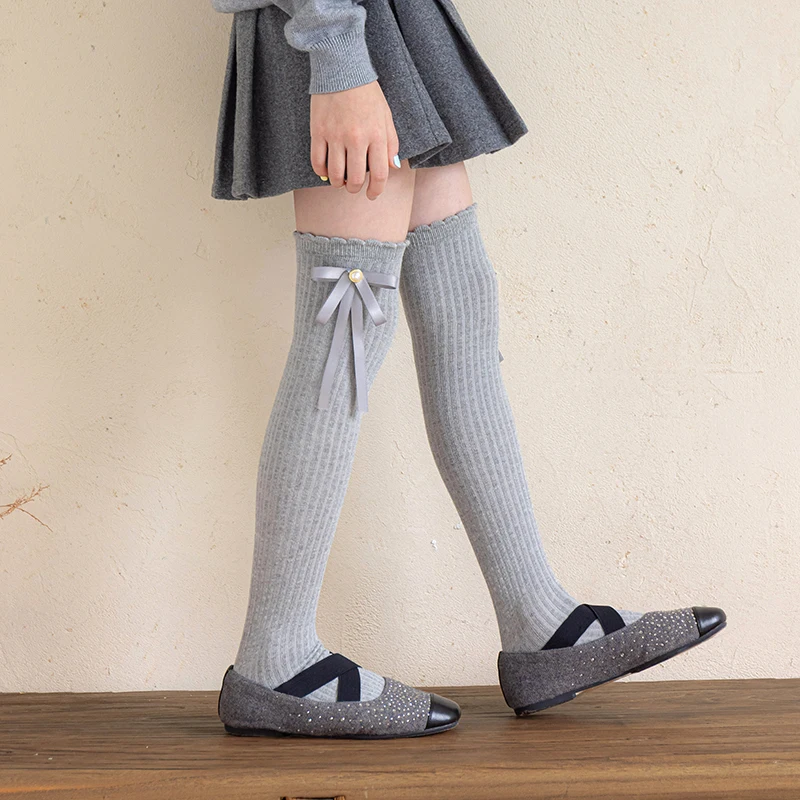 Delicate Children Lolita Thigh Stockings Slim Vertical Stripe Texture Long Ribbon Bow With Pretty Pearl Elastic Breathable Socks