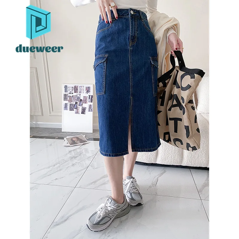 

DUEWEER Aesthetic Cargo Midi Denim Skirt Elegant Women's 2022 Slit High Waist A Line Wrap Hip Long Skirt Harajuku Korean Fashion