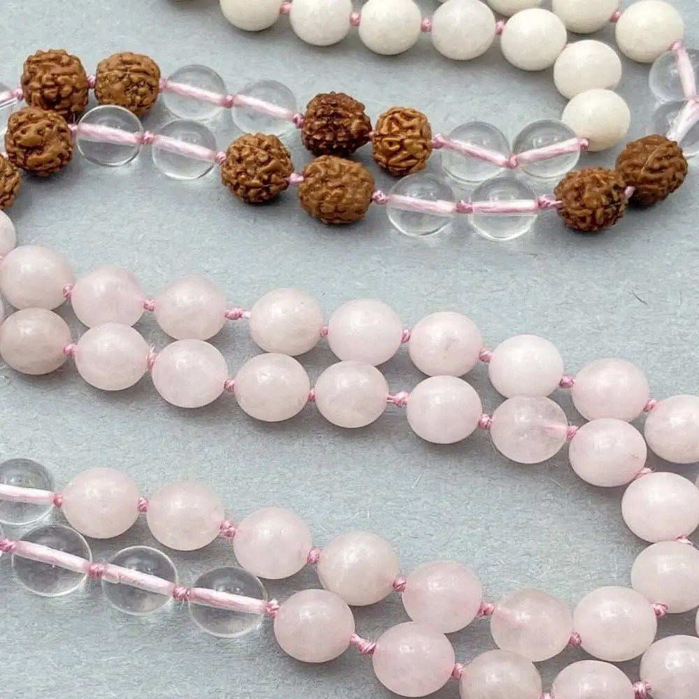 Natural Rose Quartz, Clear Quartz & Rudraksha 108 Mala Beads Necklace Love & Clarity Healing Crystal Jewelry view 4