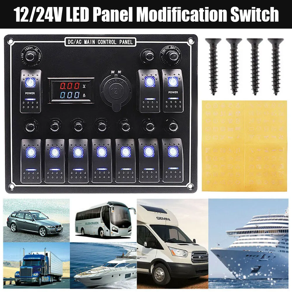 

12V 24V 10 Gang Universal Toggle Switch Panel USB Car Boat Marine RV Truck Blue LED Styling Accessories Marine Rocker Switch