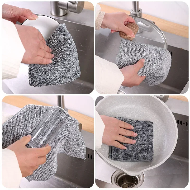 200PCS Bamboo Charcoal Dish Towel Fine Fiber Dish Towel Kitchen Rag Thickened Absorbent Cleaning Hand Wipes Towel 20*20cm