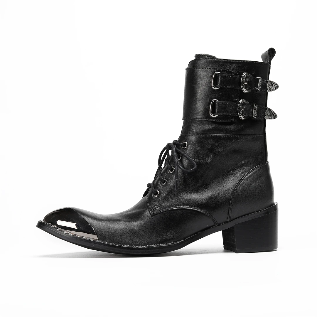 Schwarze Gürtelschnalle Weiches Leder Knöchel Herren Stiefel Westernstiefel Herren Spitzschuh Cowboy Schuhe Party Bota Masculina Herren, Große Größen – Detail 13