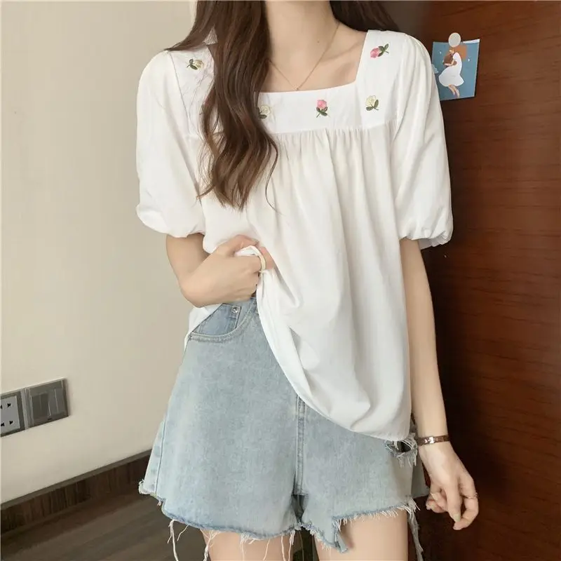 Women Stylish Vintage Embroidery Sweet Kawaii Blouses Square Collar Chic Short Sleeve Shirts Female Solid Loose Tops 2024 Summer