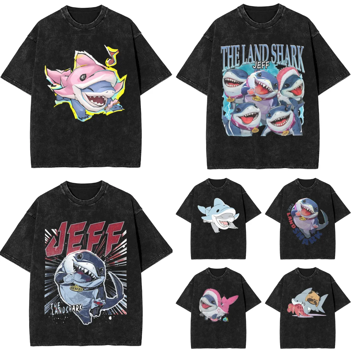 

Jeff TheBaby Land Shark (7) Washed T-Shirt Male Vintage Cotton T-Shirts Summer O Neck Fashion Tees Pattern Oversized Clothes