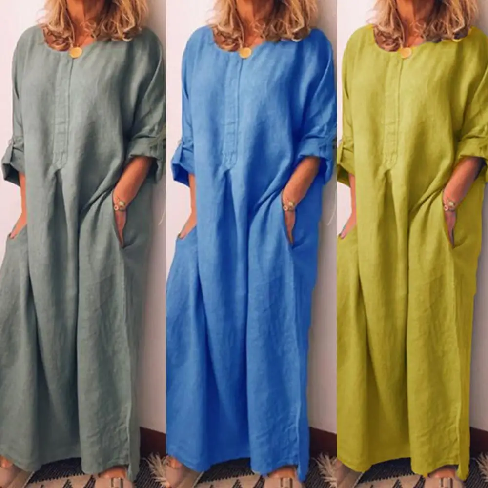 Casual Vrouwen Effen Kleur Oversized Maxi Katoenen Linnen Lange Shirt Kaftan Jurk Gewaad Femme Vestido Casual Party Zakjurk 원overhemd