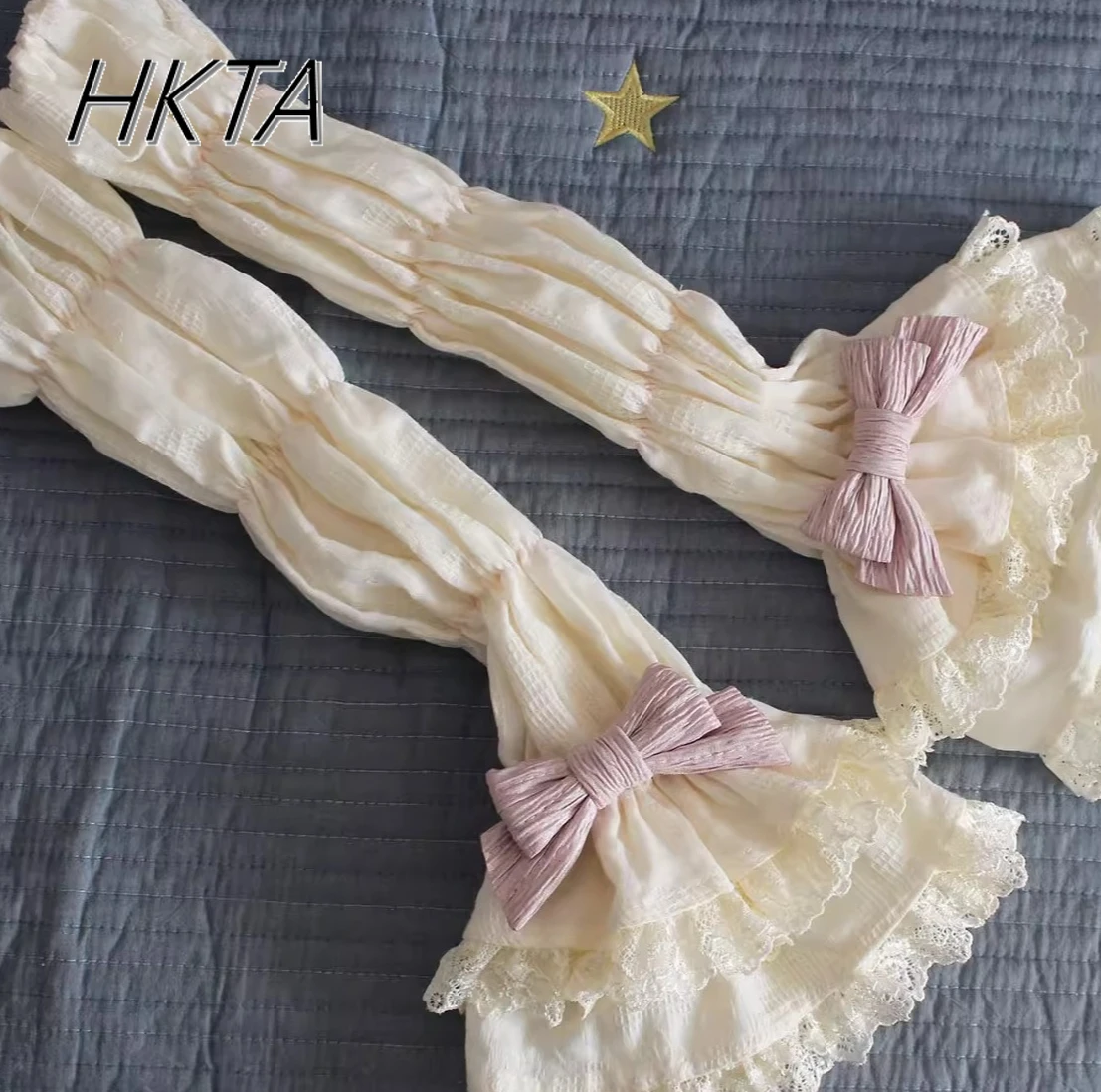 Lolita Jacquard ผ้าฝ้าย Lotus Root Joint สีชมพูสีม่วงยาวเสื้อ \ \ \ \ \ \ \ \ \ \ \ \ \ \ \ ถุงมือฤดูร้อนหวานน่ารักลูกไม้แขนแขน