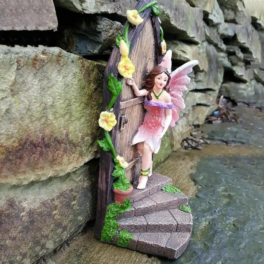 Miniature Door Statue Decor Resin Fairy Knocking on the Door Outdoor Garden Statue Hanging Ornament Decoration