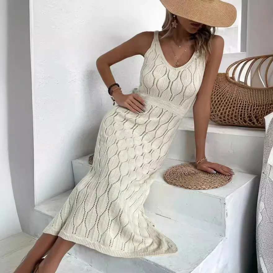 

2025 New Fashionable Backless Slim Fit Lace Knitted Dress Women Summer Sexy Elegant Solid Color Sleeveless Dresses For Women