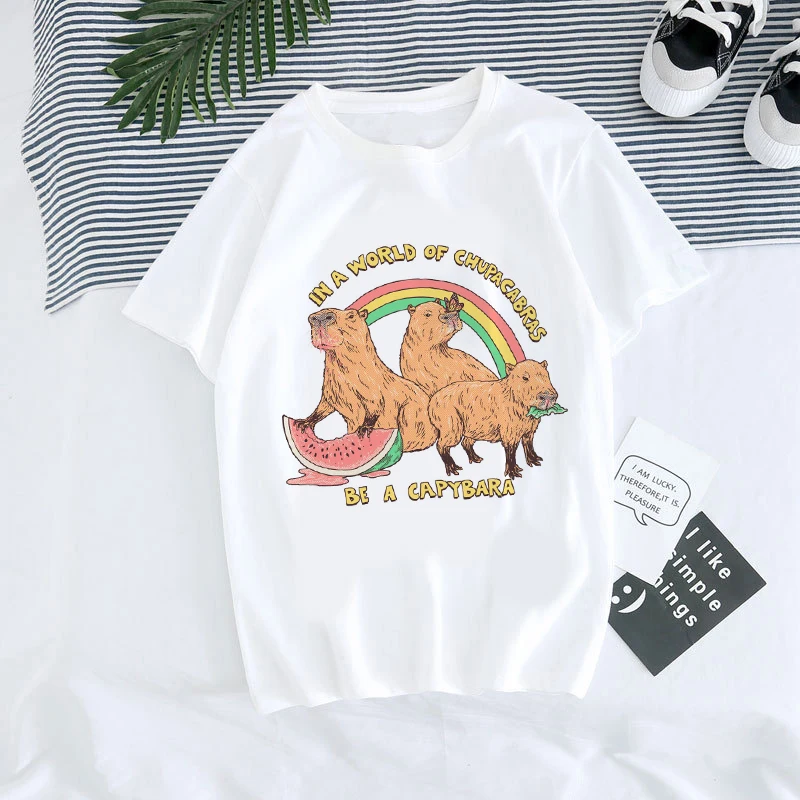 

Cute l Love capybara print T-shirt Women White Casual Harajuku T-shirt femme Short Sleeve T-shirt Female short-sleeved T shirt