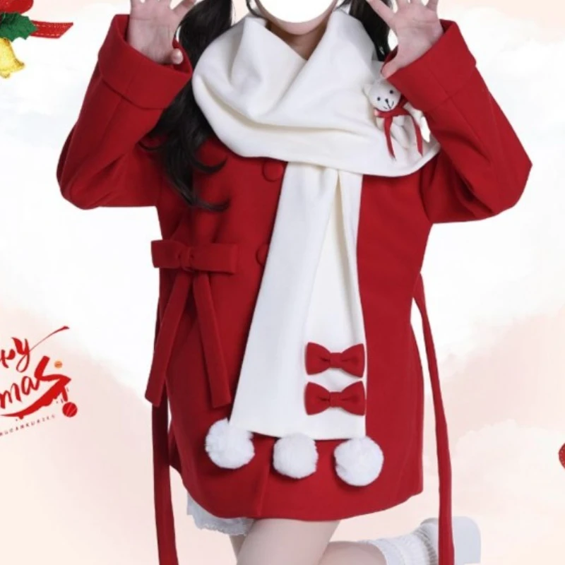 

Japanese Kawaii Lolita Woolen Coat Women Winter Christmas Red Bow Cotton Cartoon Bear Scarf Jacket Girl Sweet Loose Parkas Coats