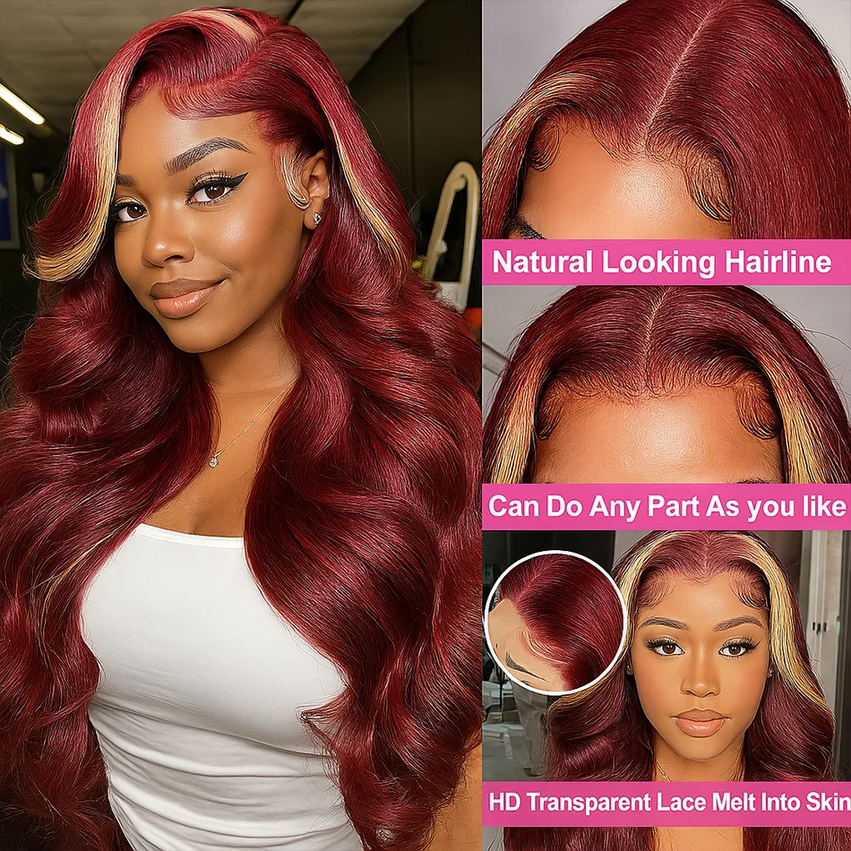 تسليط الضوء على بورجوندي 99J الأحمر مع 613 شقراء 13x4 HD الدانتيل الشفاف الباروكات الأمامية الجسم موجة 100% شعر الإنسان البرازيلي شعر مستعار ريمي