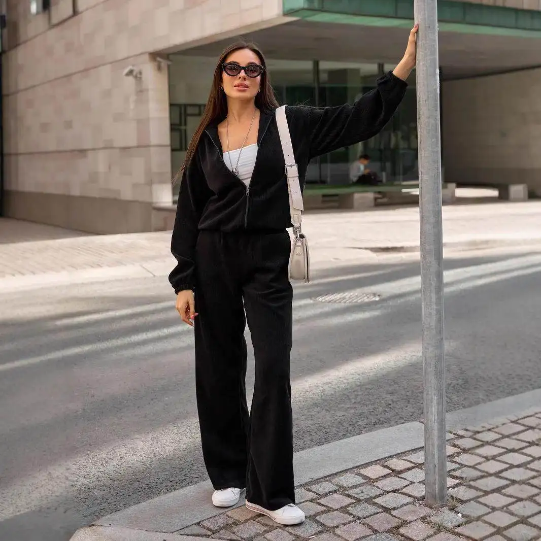 2025年新作 レディース カジュアル フード付き ロング丈 無地 セットアップ ゴムウエスト ワイドレッグパンツ 快適 通気性 おしゃれ