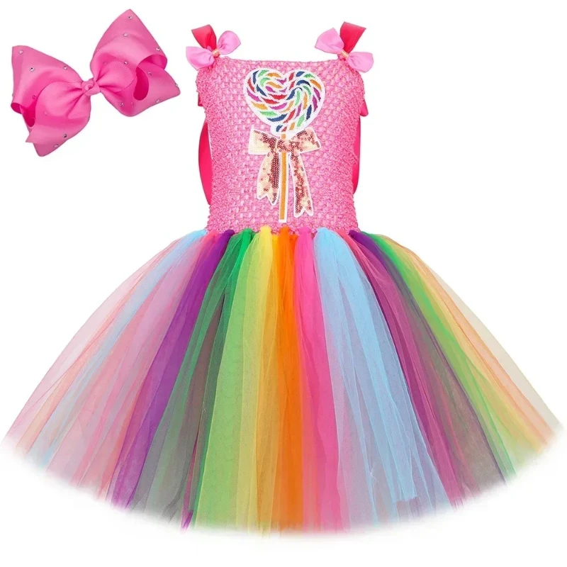 Girls Christmas Halloween Candyland Lollipop Rainbow Candy Tutu Princess Dress for Costume Kids Holiday Birthday Party Clothes