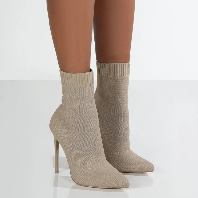 

2026 Autumn Luxury Women Beige Sock Boots Exotic Dancer High Heels Stiletto Boots Winter Fashion Stretch Fabric Boots Plus Size