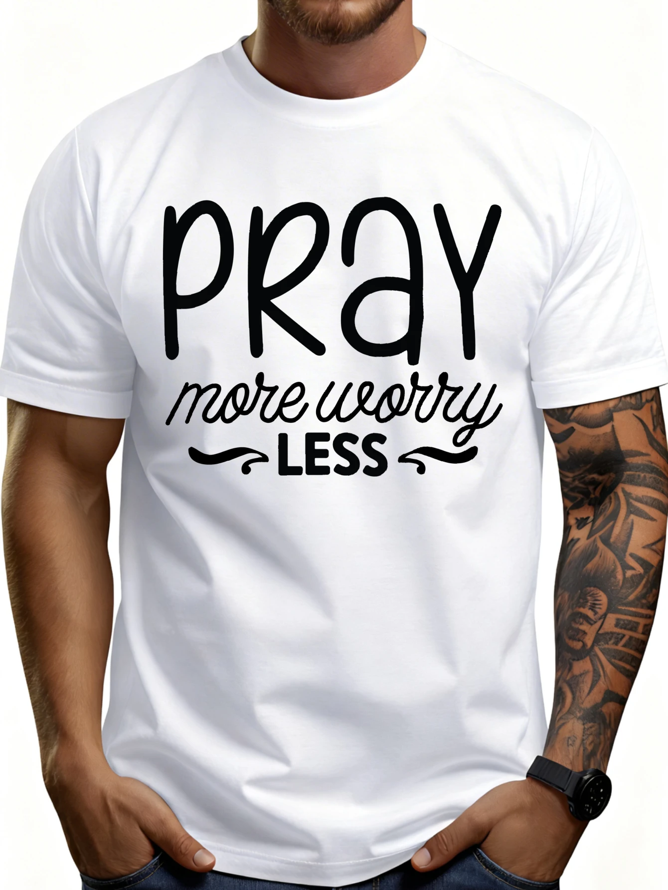 Men's Plain Graphic T-Shirt - Breathable, Soft, Lightweight - Pray More, Worry Less - Vintage Fun Graphic Casual Short Sleeve Summer Top, Gift for Him