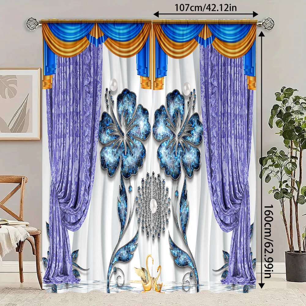 

2 pieces of crystal flower pattern printed curtains, bedroom and living room, home decoration, room decoration