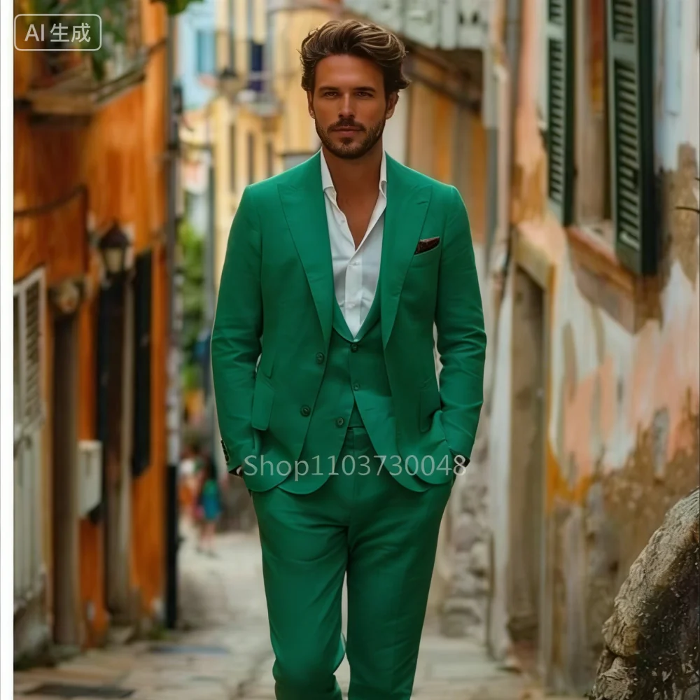 Men's Slim Fit Wedding Tuxedo Peak Lapel Two Buttons Jacket Vest Pants Set Casual Wedding Business 3-Piece Suit for Party Prom