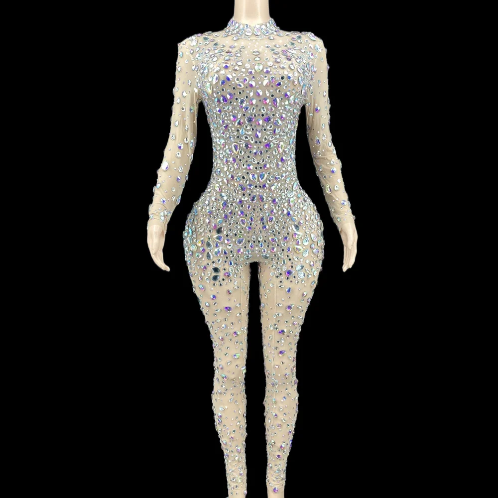 

White Shining Crystal Sparkly Rhinestones Sexy Women Jumpsuits Pole Dance Nightclub Bar Prom Clothing Stage Singer Costumes