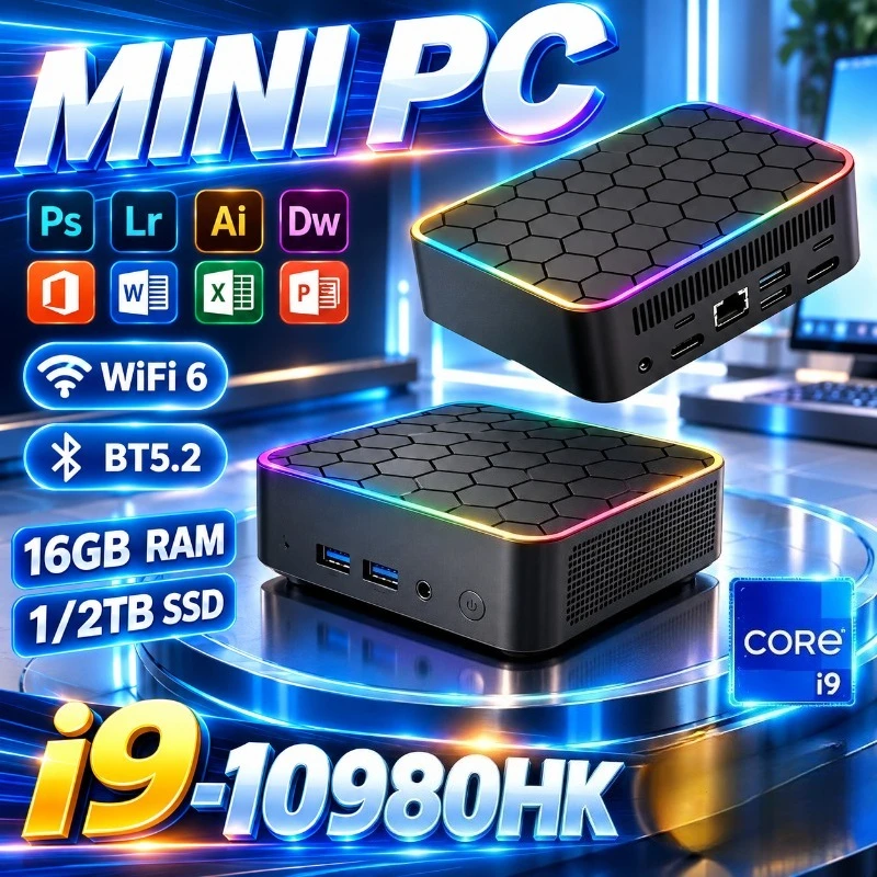 Core I9-10980HK Ultra Mini PC,16GB RAM,Optional 1TB/2TB SSD,WiFi6,BT5.2,USB3.0,4K Output,Prime Desktop for Productivity