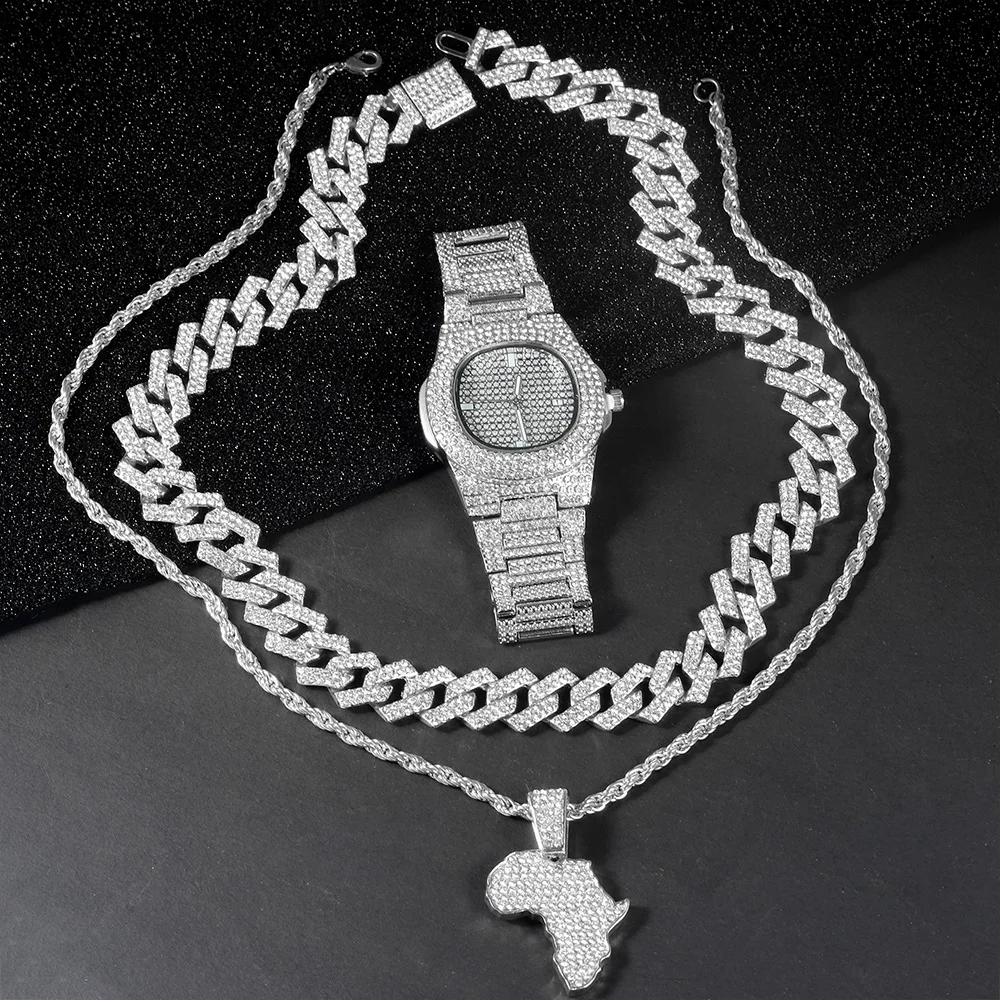 Men Iced Out Watch Jewelry Set Hip-hop Punk Diamond Watch+Cuban Chain+Map of Africa Pendant Necklace Stylish Men Women Gift Set