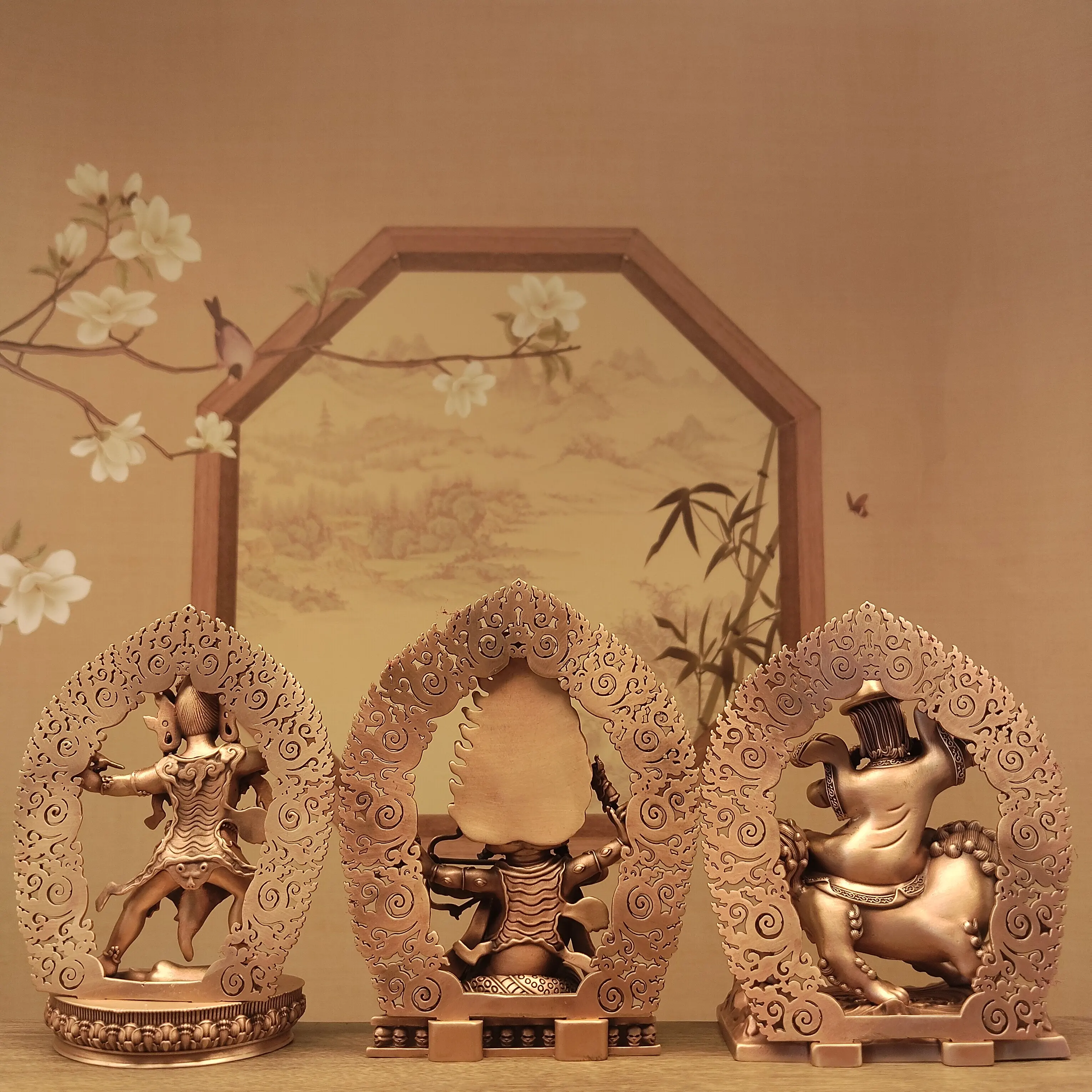 Tibetan Vajrayana Copper Nyingma Three Roots Rahula Damchen Ekajati Protector Statues 10cm Home Blessing