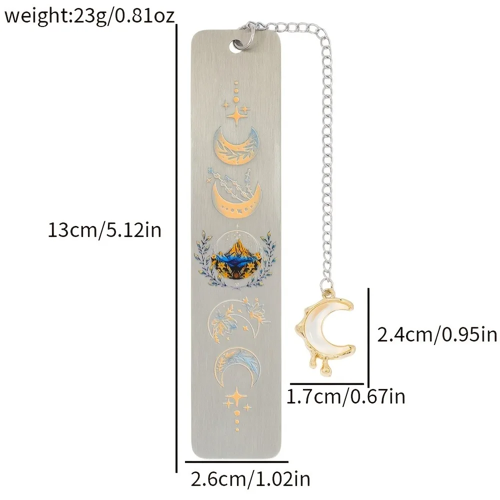 Romantic moon-themed stainless steel bookmark with chain and crescent pendant, colorful mysterious starry sky bookmark, perfect for book lovers, fans of novels and astrology, bestie gifts, birthday favors, graduation gifts