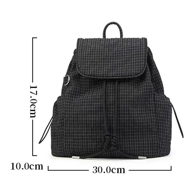 Ladies' new casual artistic nylon backpack ins fashion drawstring pleated backpack large capacity checkered pattern backpack