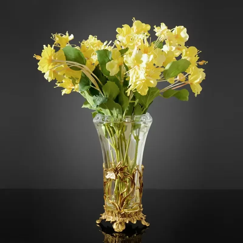 Luxury Brass Vase with Crystal Glass Insert Modern Decorative Flower Pot for Tabletop Home Ornament Professional Designer