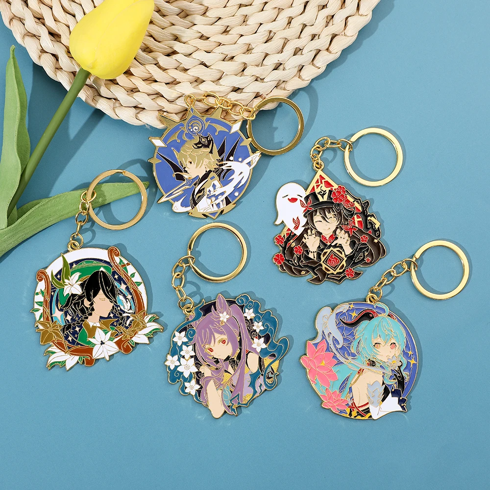 Game Anime Genshin Impact Figure Enamel Keychain Hu Tao Xiao Metal Keyrings for Car Key Backpack Key Holder Pendant Accessories