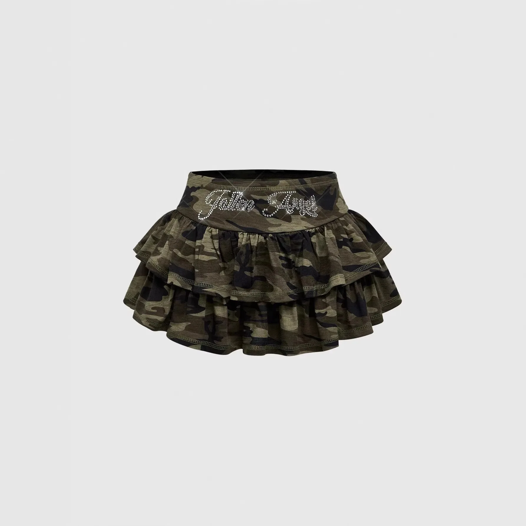 Summer babes camouflage sweet cool double pleated skirt letter ins rhinestone high waist woman